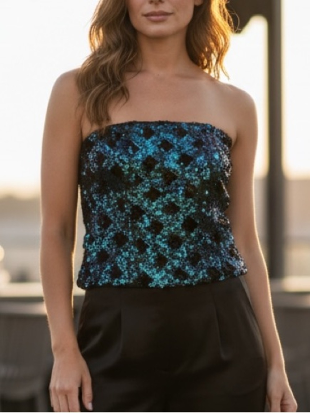 Zara Blue Sequin Strapless Tube Top